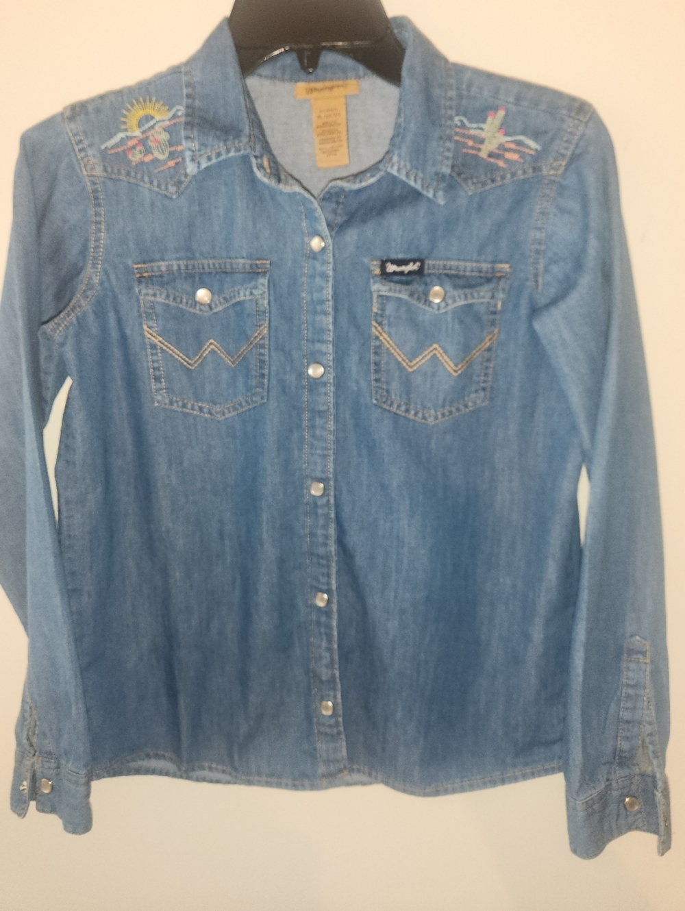 Wrangler Western Denim Shirt Pearl Snap Cactus Southwest Youth XL EUC $28